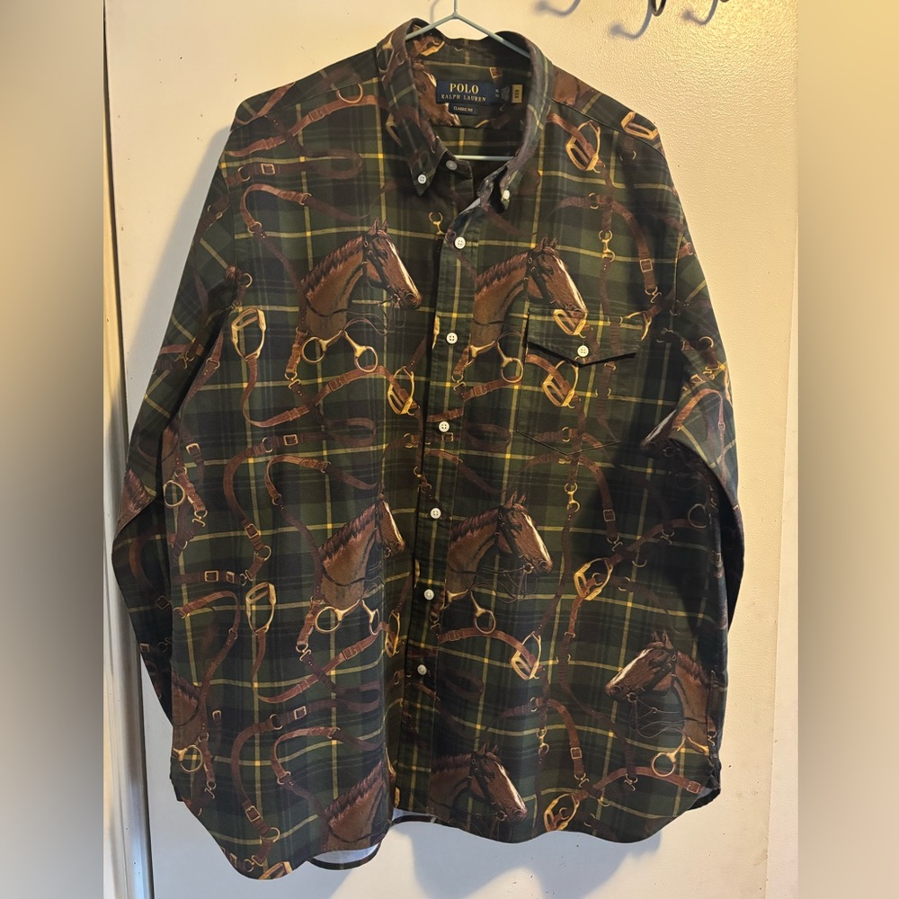 Ralph Lauren Polo Equestrian Print Plaid Button-Up Shirt XL